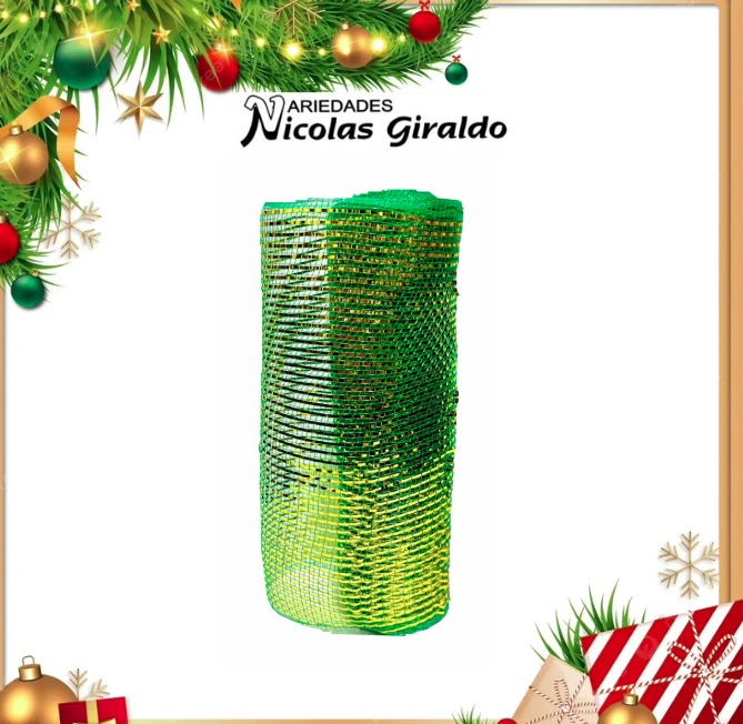 @MALLA DECORATIVA 26CM 8 YARDAS VERDE DORADA