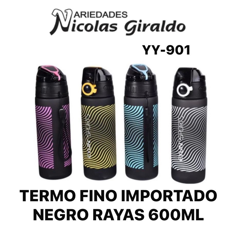 (RL-336)Termo fino importado negro rayas 600ml