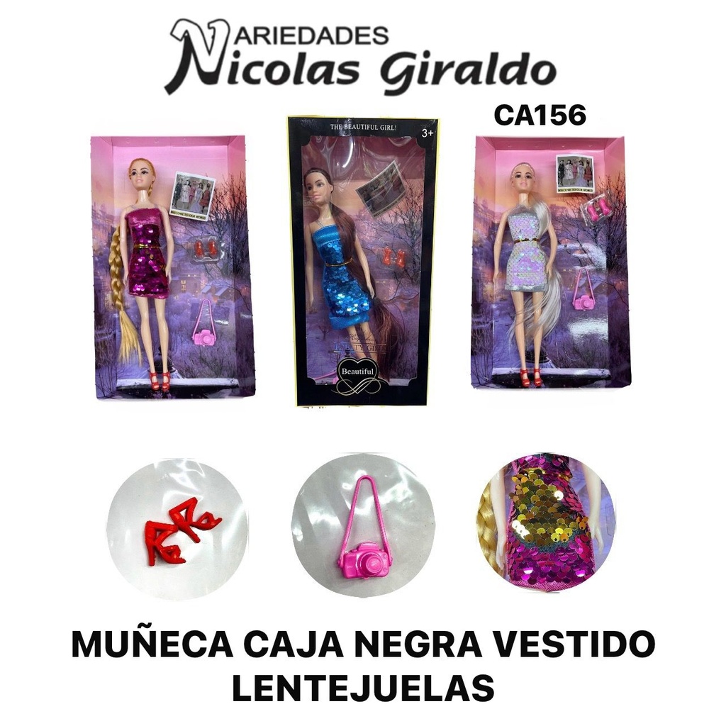 Muñeca caja negra fina vestido lentejuelas