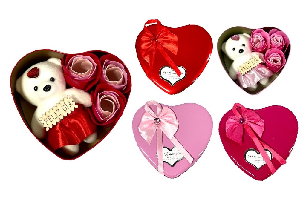 Cofre corazon pequeño con peluche rosas 