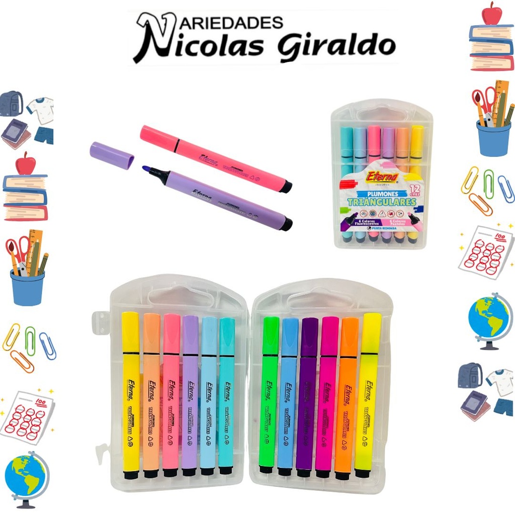 Marcador plumon triangular x12 pastel,neon eterna