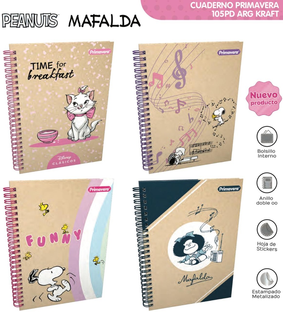 Cuaderno prim. argollado academico cuadro mujer kraft