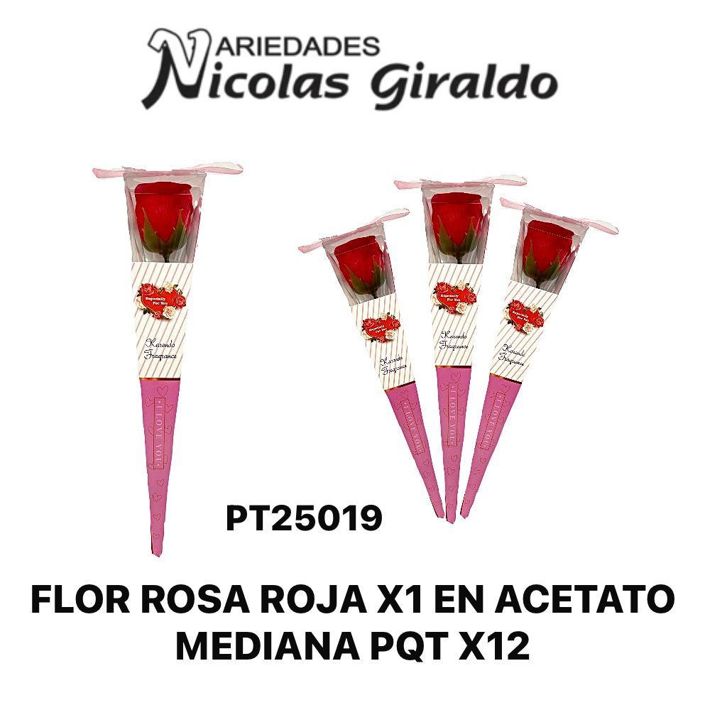 Flor rosa roja x1 en acetato mediana pqt x12 