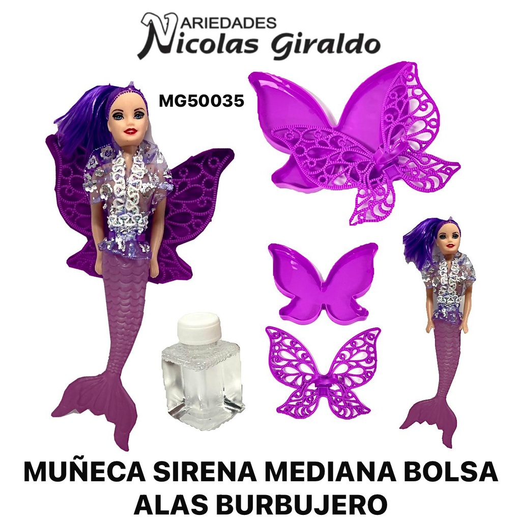 Muñeca sirena mediana bolsa alas burbujero