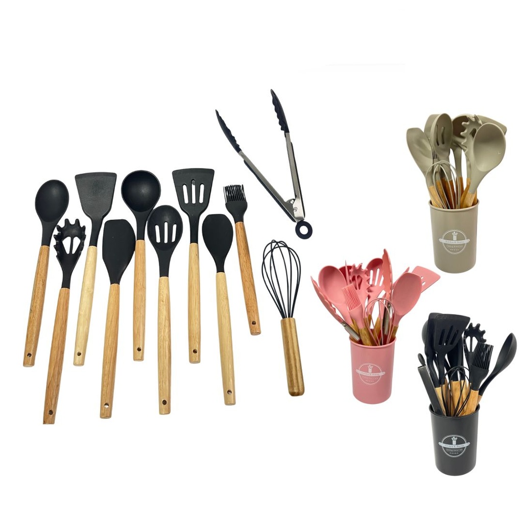 Set cucharones silicona mango madera x12 piezas