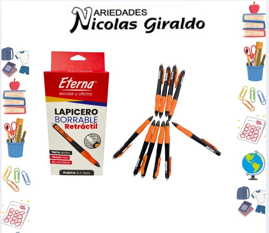 Lapicero eterna borrarle 0.7 negro x12  