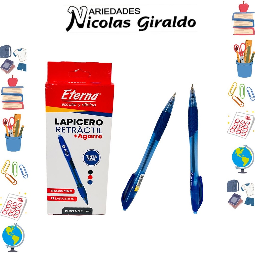 Lapicero eterna retractil 0.7 mas agarre azul x12  