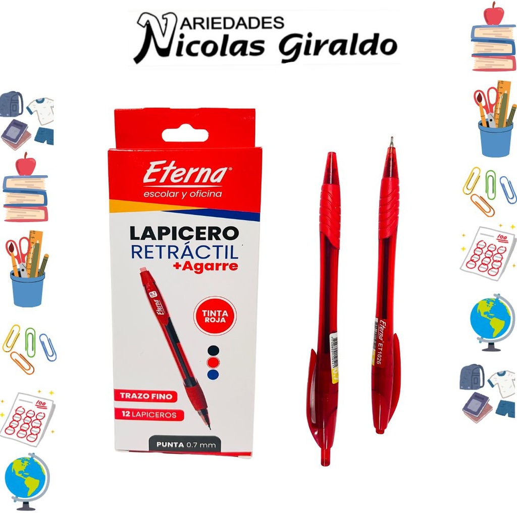 Lapicero eterna retractil 0.7 mas agarre rojo x12   