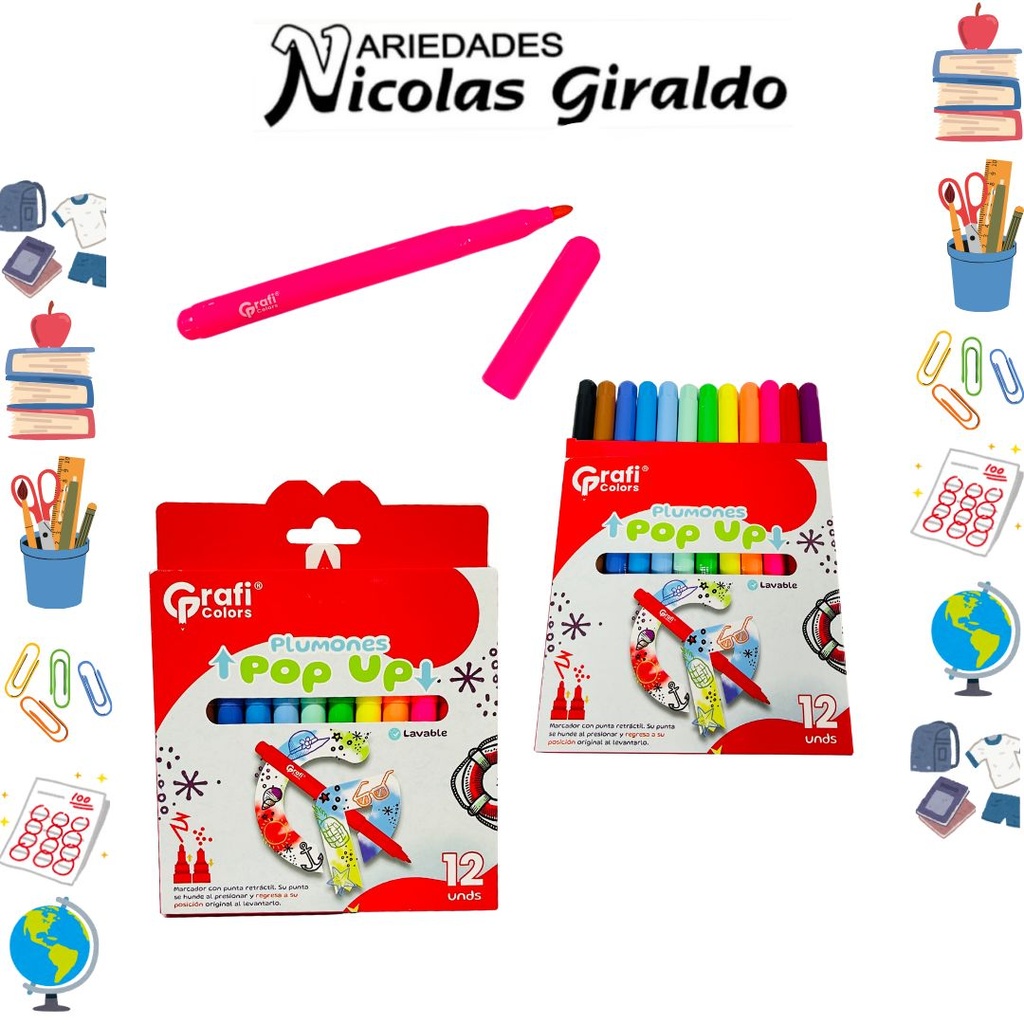 Marcador plumon pop up lavable x12 graficolors