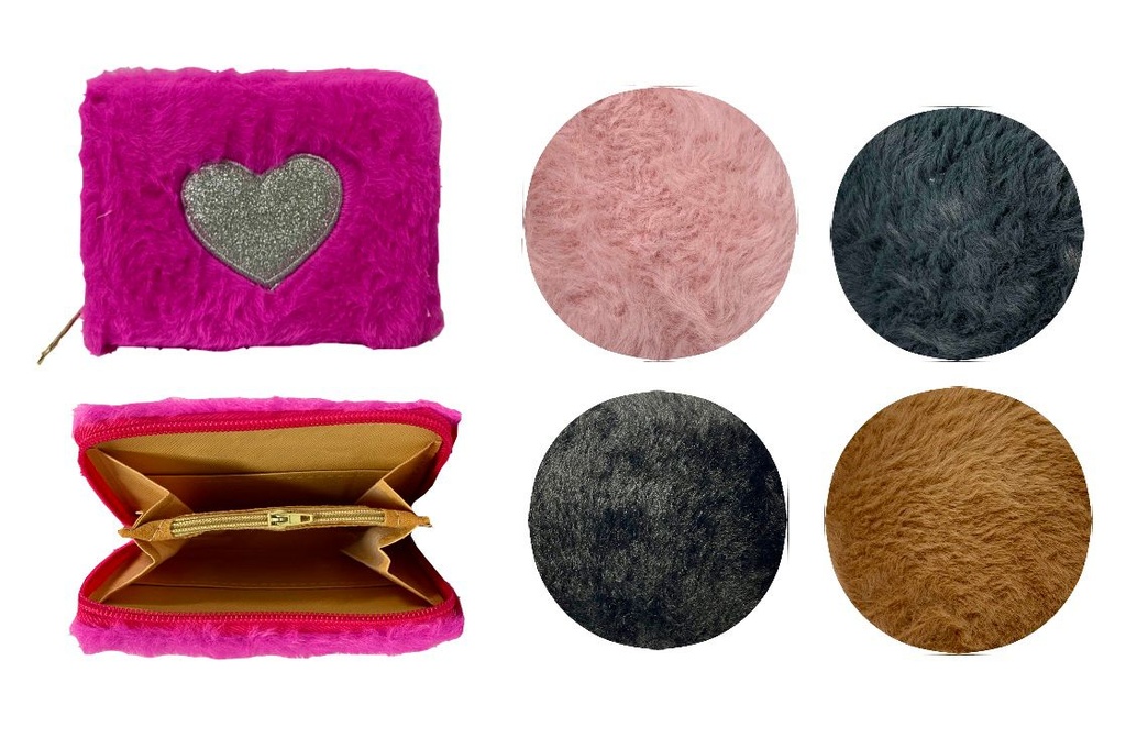 Billetera dama pequeña peluda corazon 1 cierre    