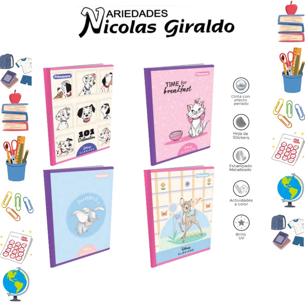 Cuaderno cosido primavera 50H raya clasicos disney  