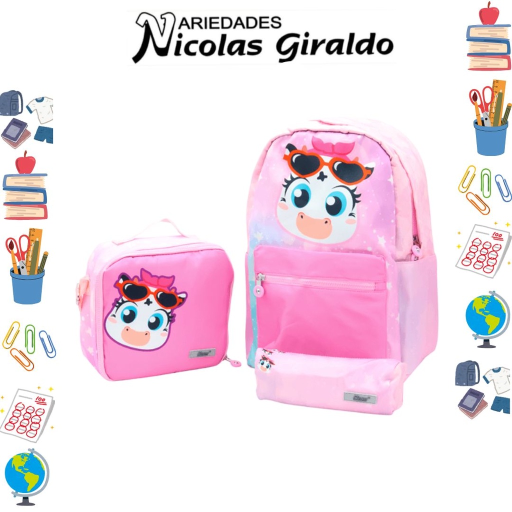 Set bolso lonchera y cartuchera estampado rosado de vaca 
