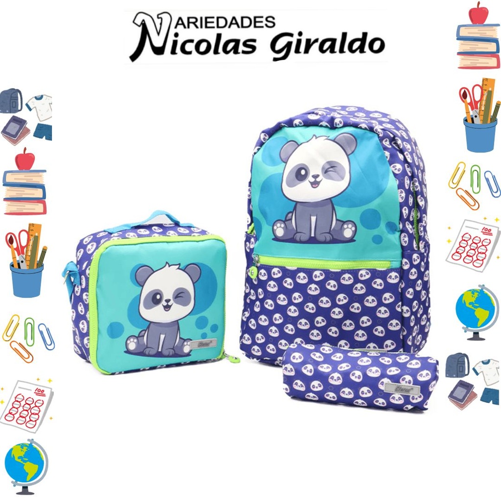 Set bolso lonchera y cartuchera estampado de oso panda  