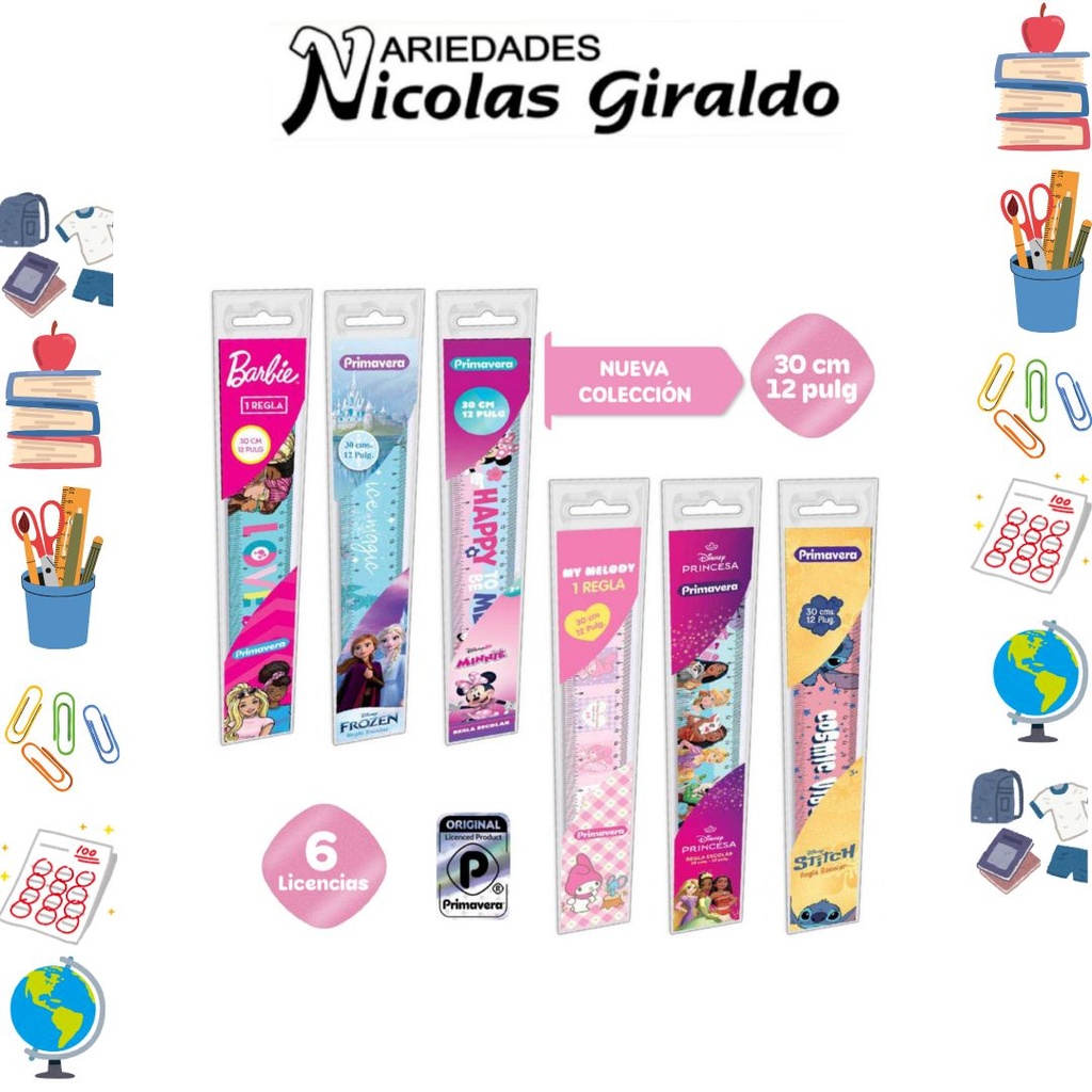 Regla primavera personajes Niña 30cm PQT X12