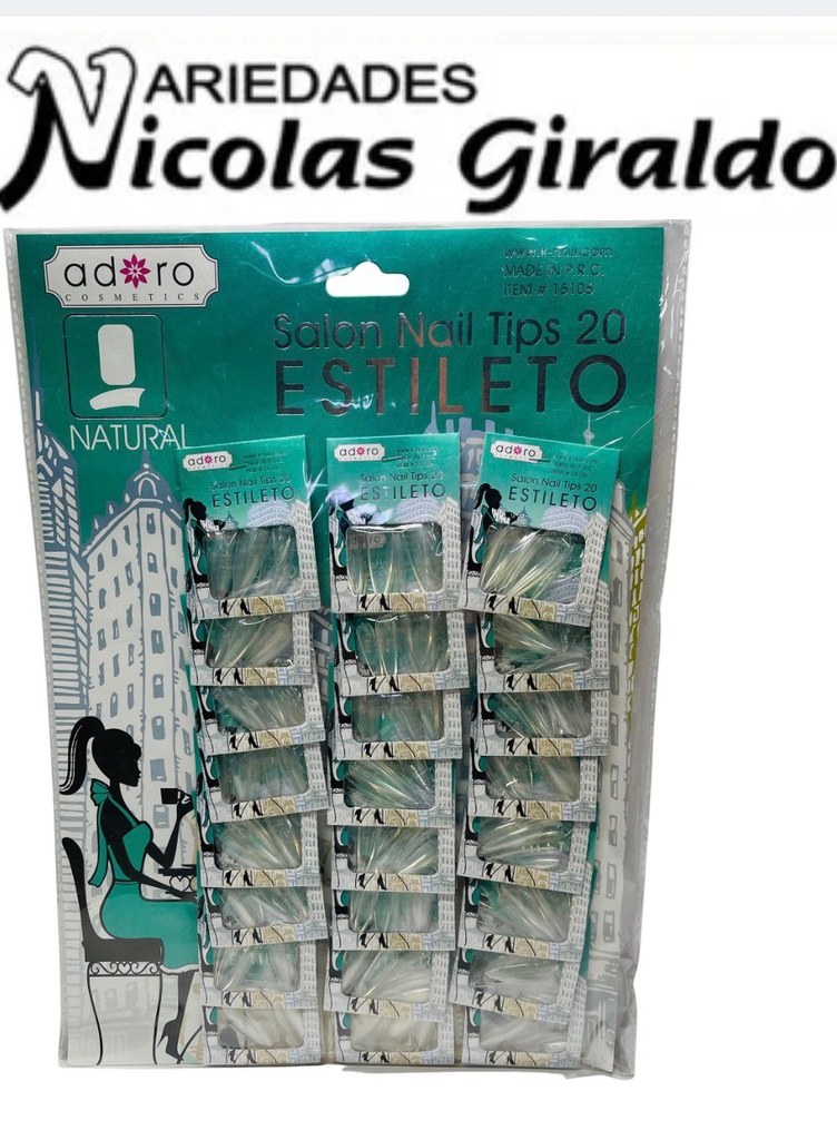 Uñas adoro ESTILETO transparente x24 Carton aguamarina 