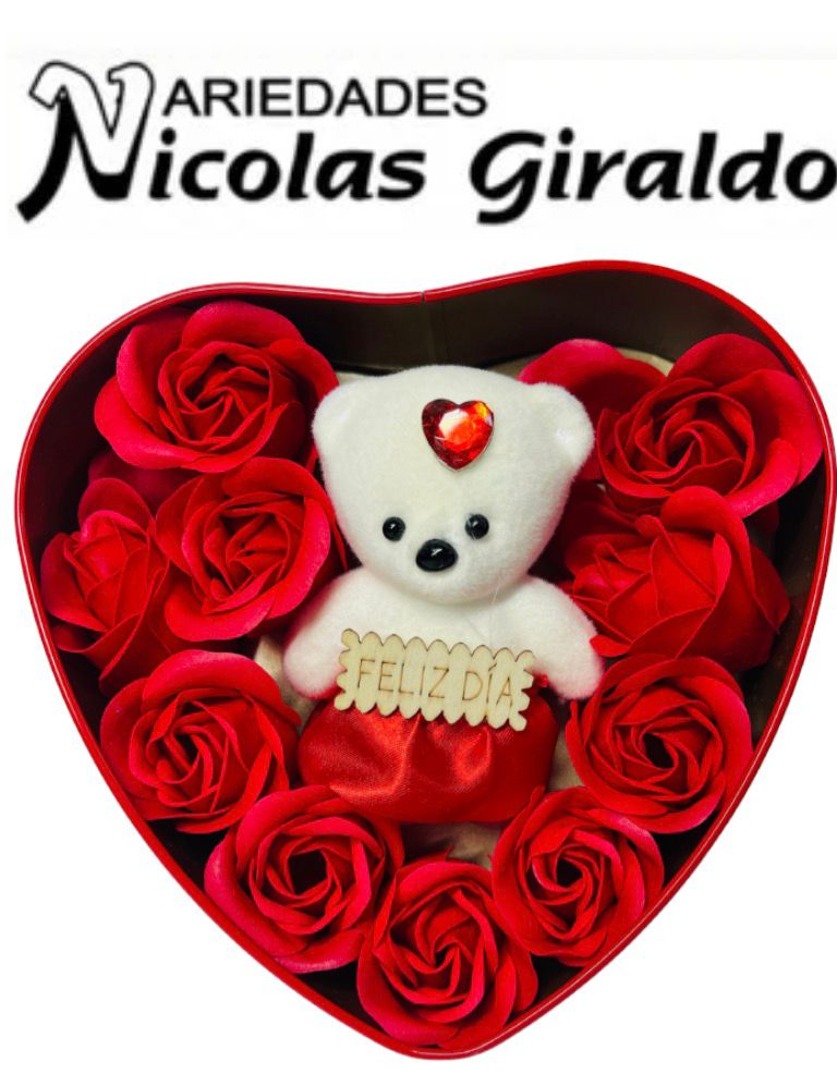Cofre corazon grande con peluche rosas  