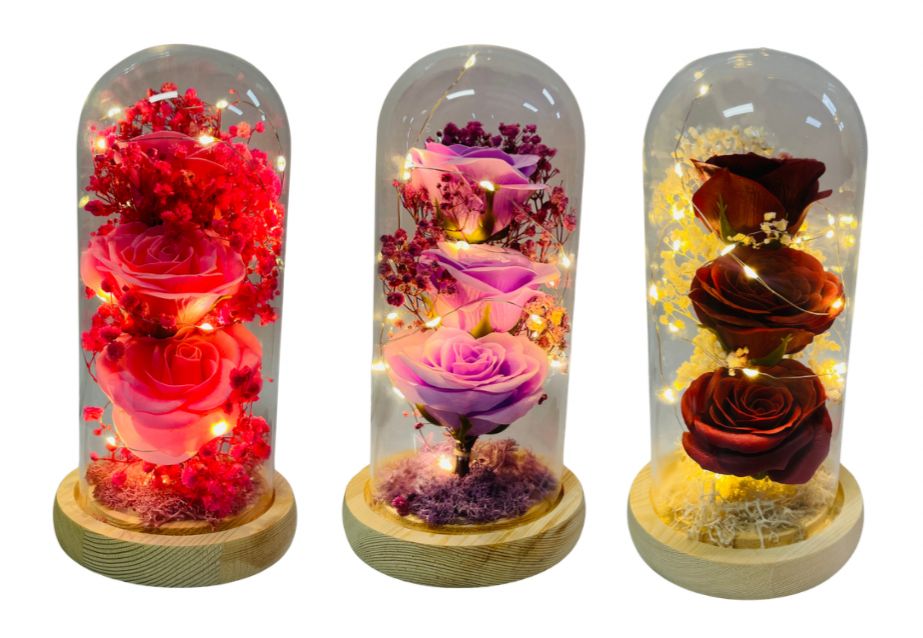 Urna decorativa luz rosa base madera