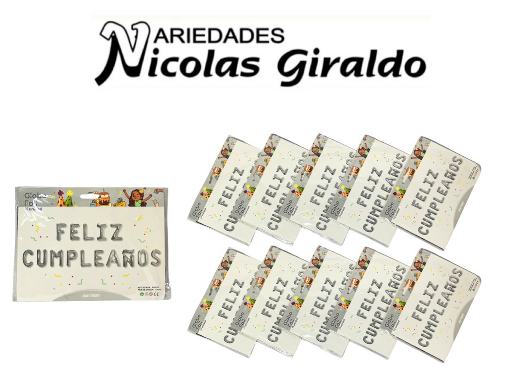 Inflable "feliz cumpleaños" letra plata  PQT X10