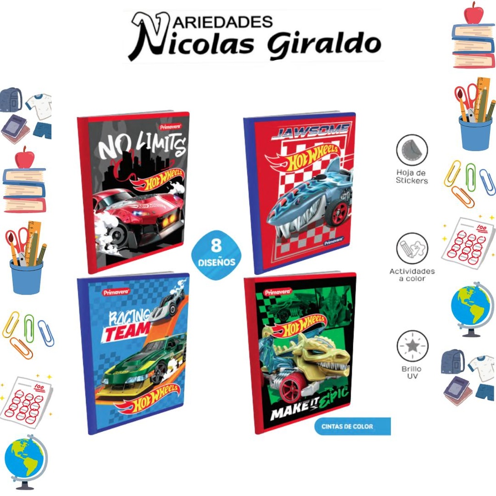 Cuaderno cosido prim. 100 H Cuadros Hotwheels