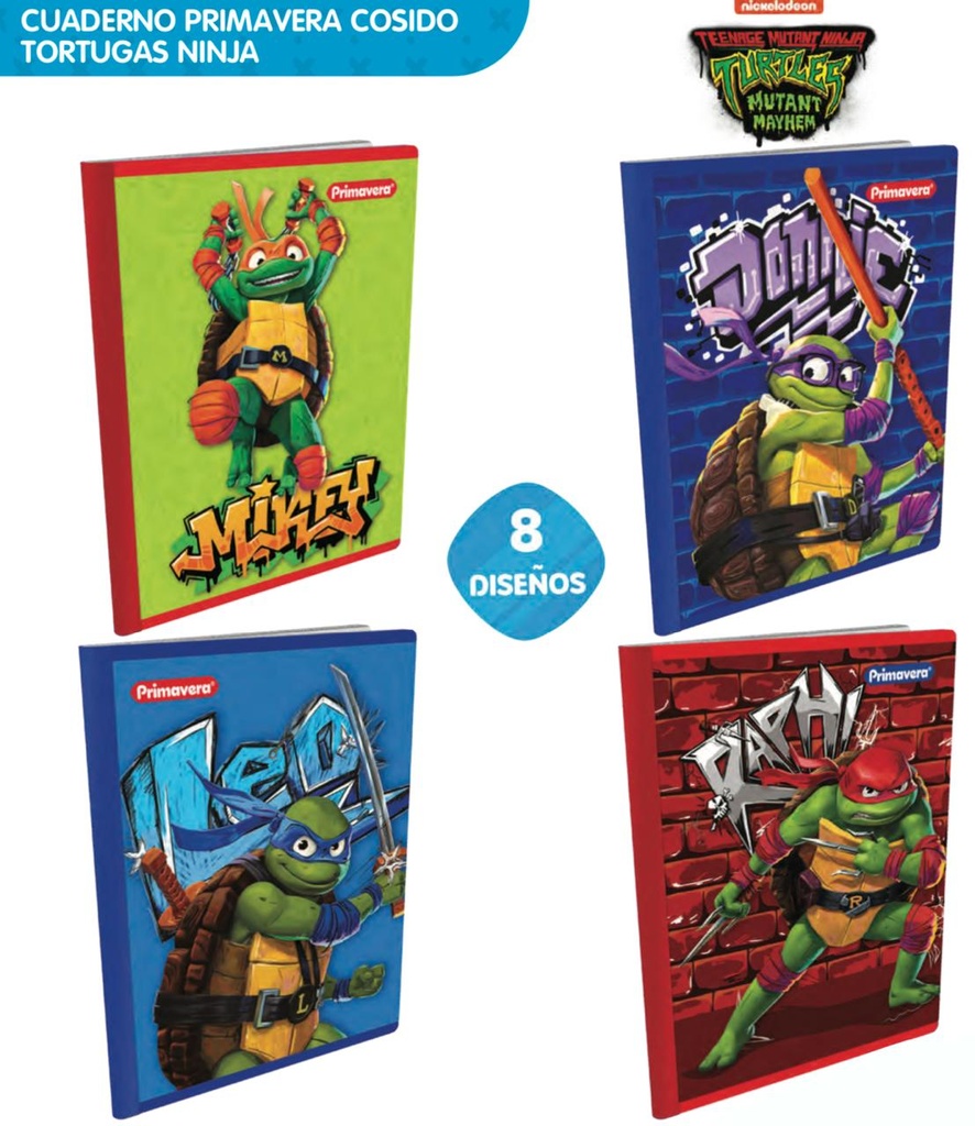 Cuaderno cosido prim. 100 H cuadro tortugas ninja
