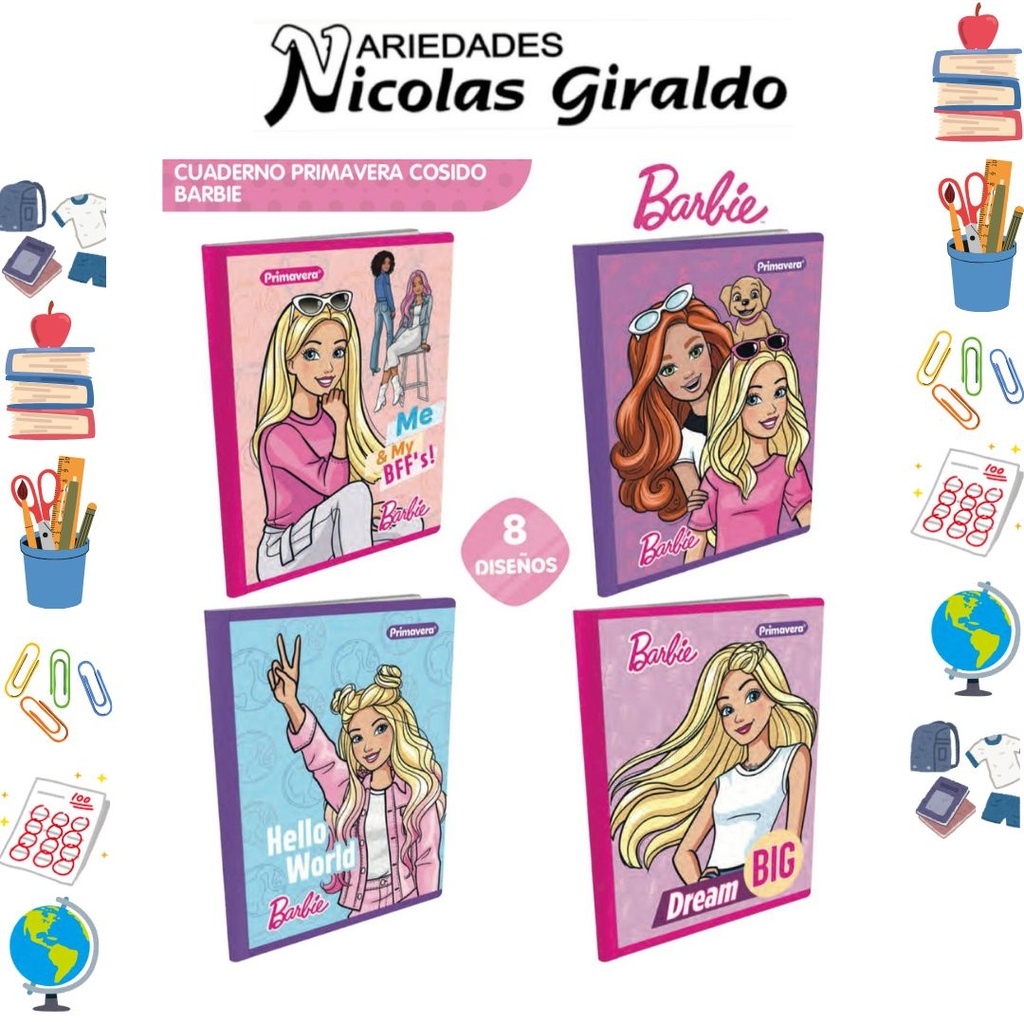 Cuaderno cosido primavera 100H cuadros Barbie