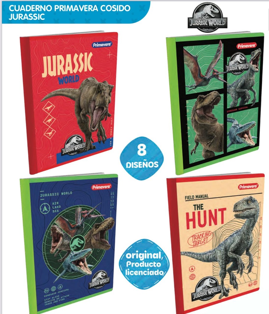 Cuaderno cosido prim. 100 H cuadros jurasic