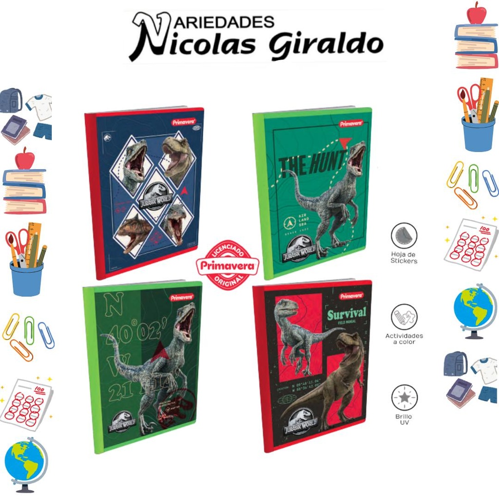 Cuaderno cosido primavera 100H cuadros jurasic