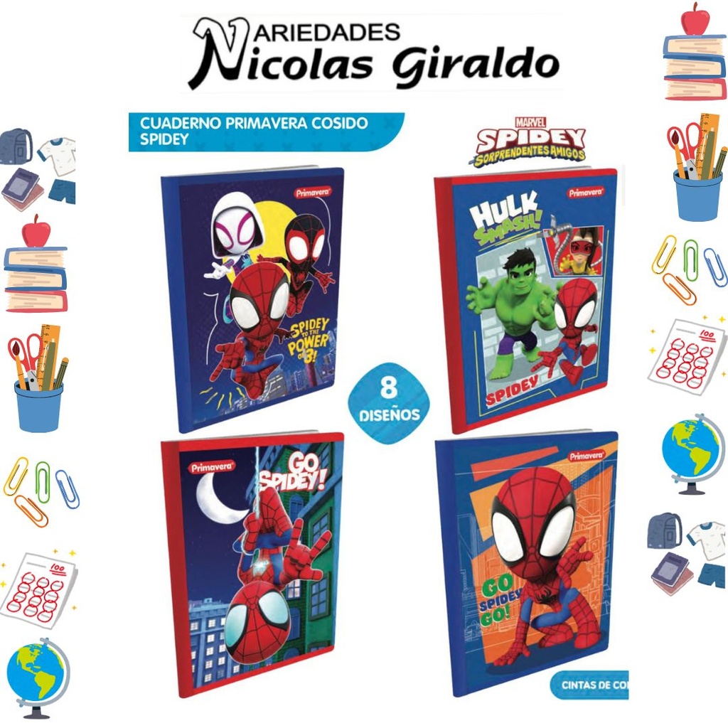Cuaderno cosido prim. 100 H cuadros spidey marvel