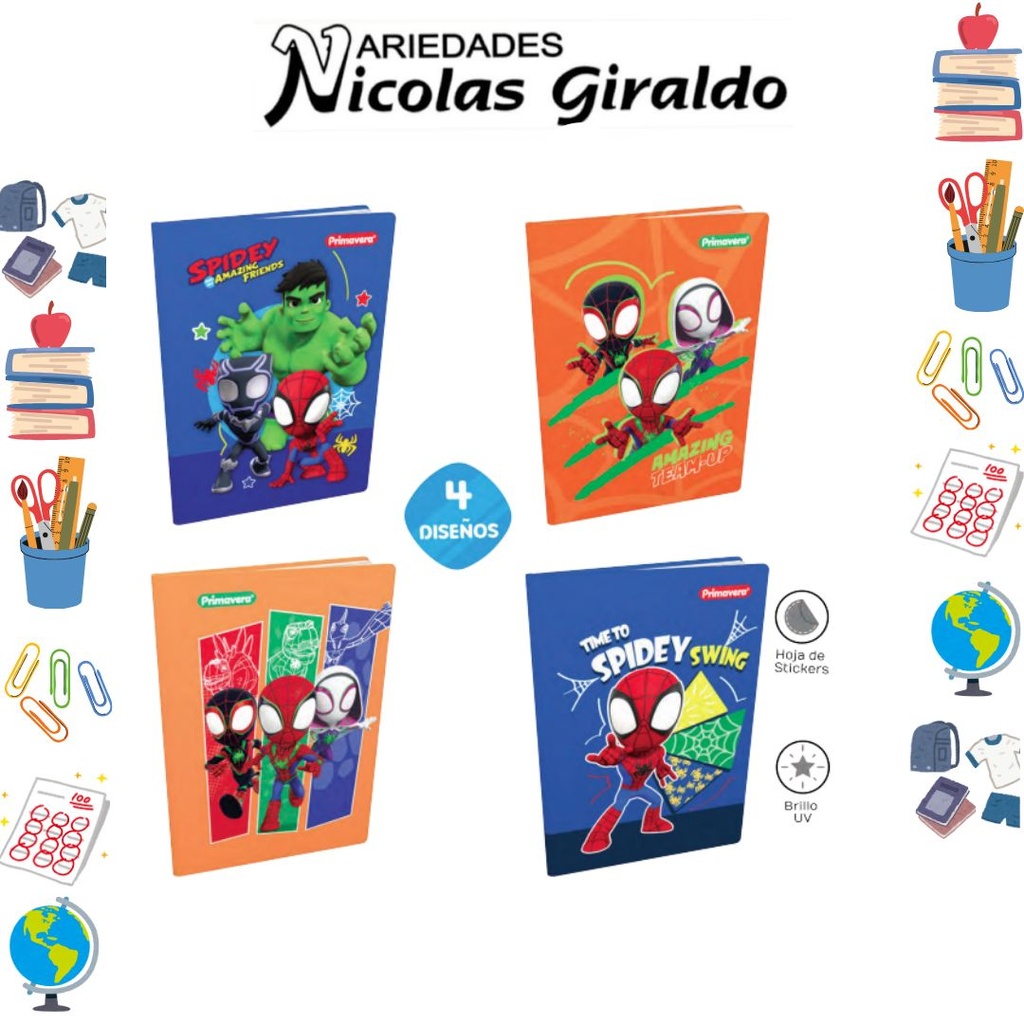 Cuaderno cosido primavera pasta dura 100H cuadro spidey