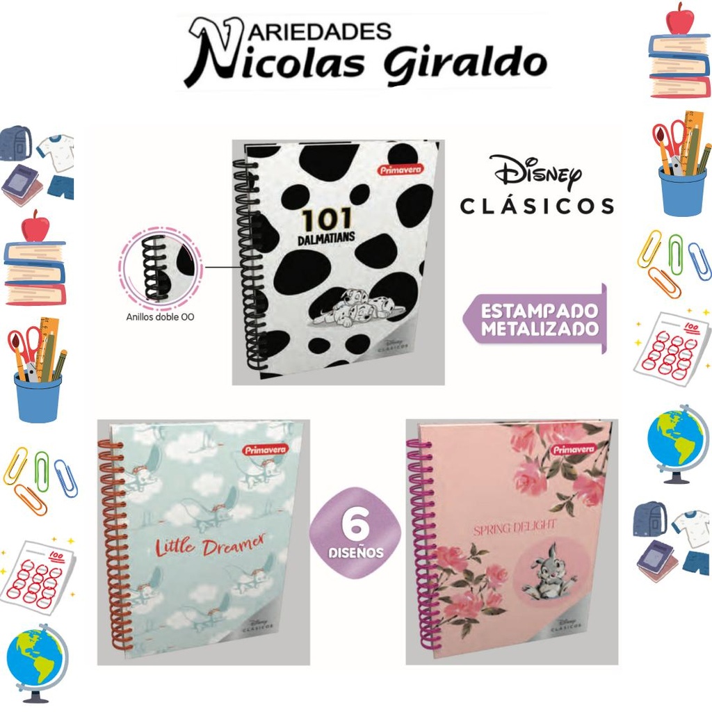 Cuad primavera 5 materias argollado pequeño clasicos disney