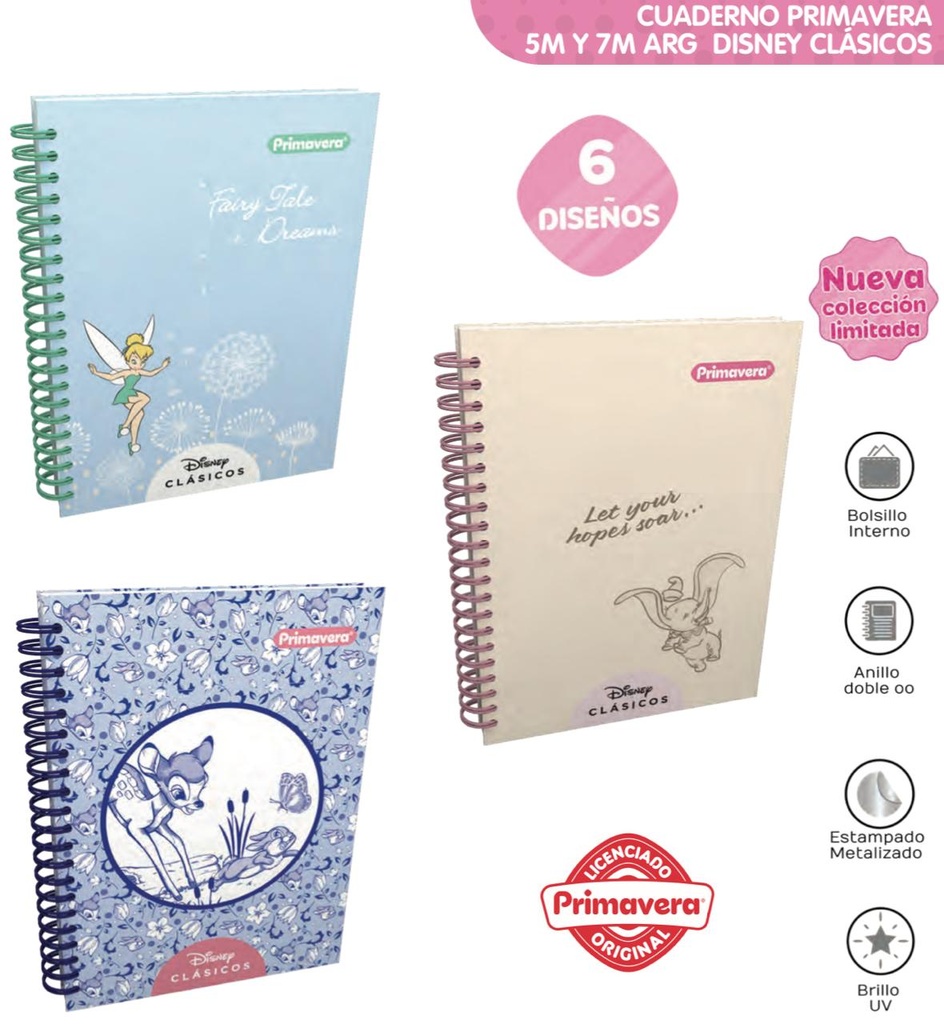 Cuad primavera 5materias argollado pequeño clasicos disney