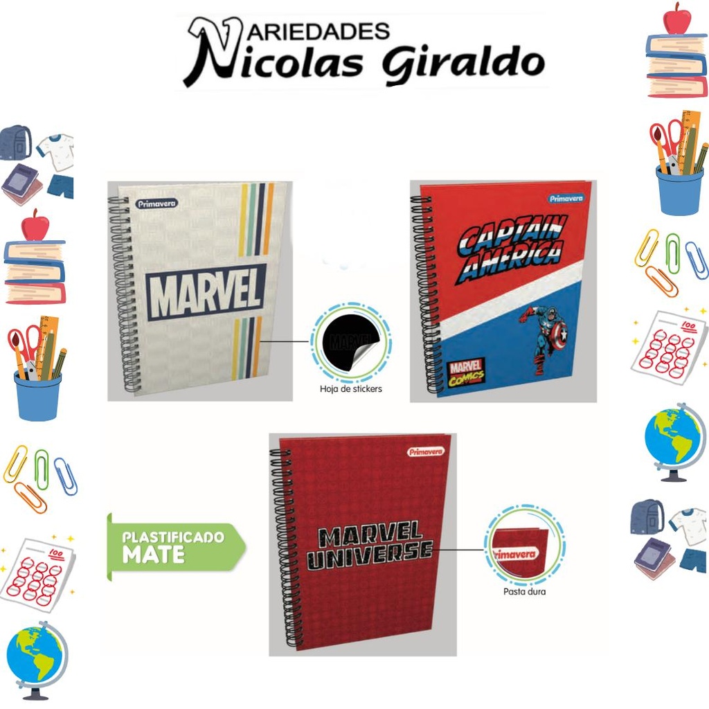 Cuaderno primavera argollado academico marvel raya
