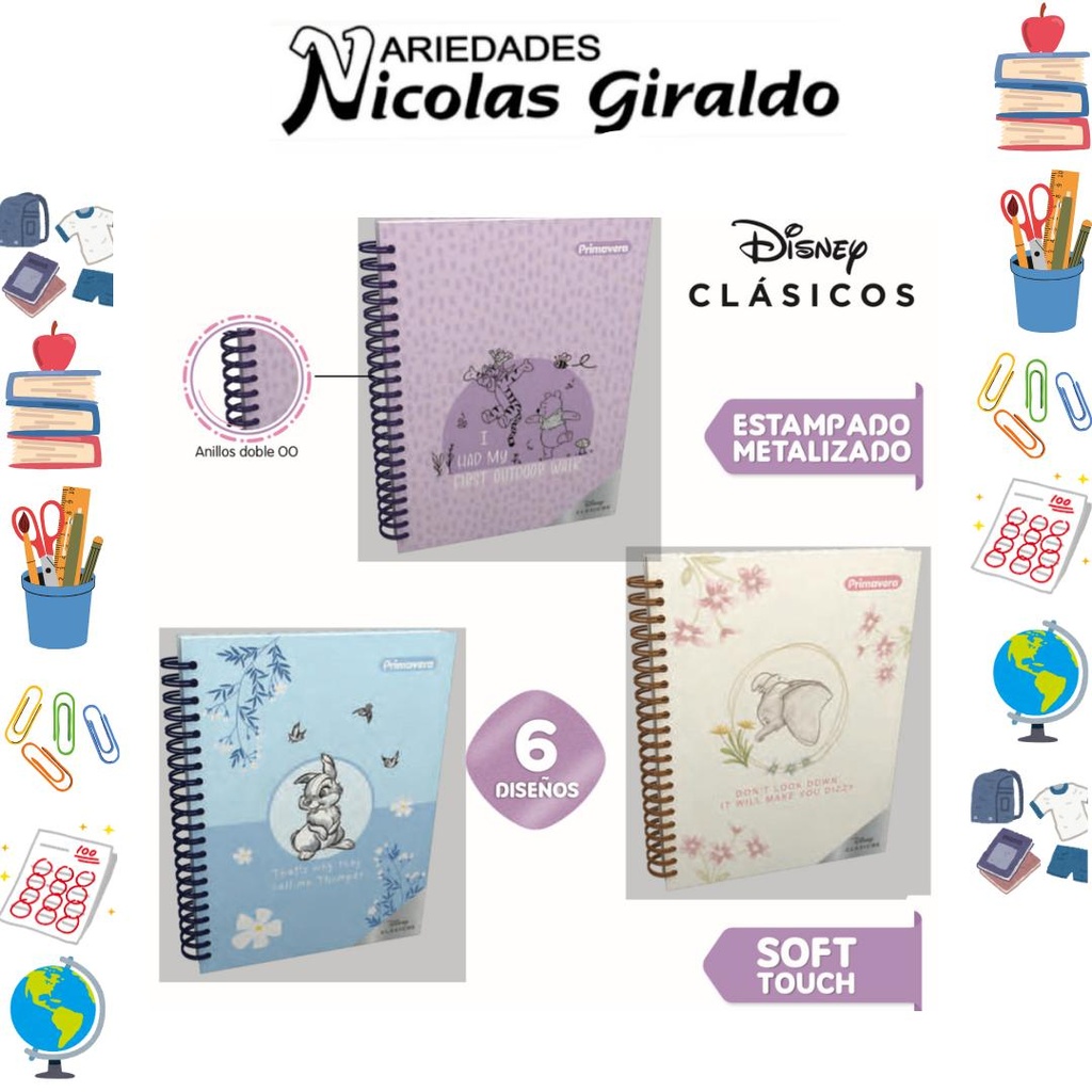 Cuaderno primavera 5 materias argollado grande disney clasicos