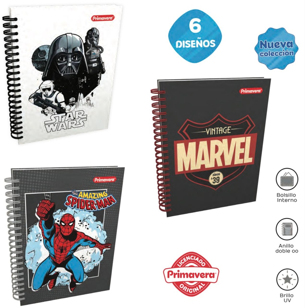 Cuaderno prim. 5materias argollado grande marvel-stars