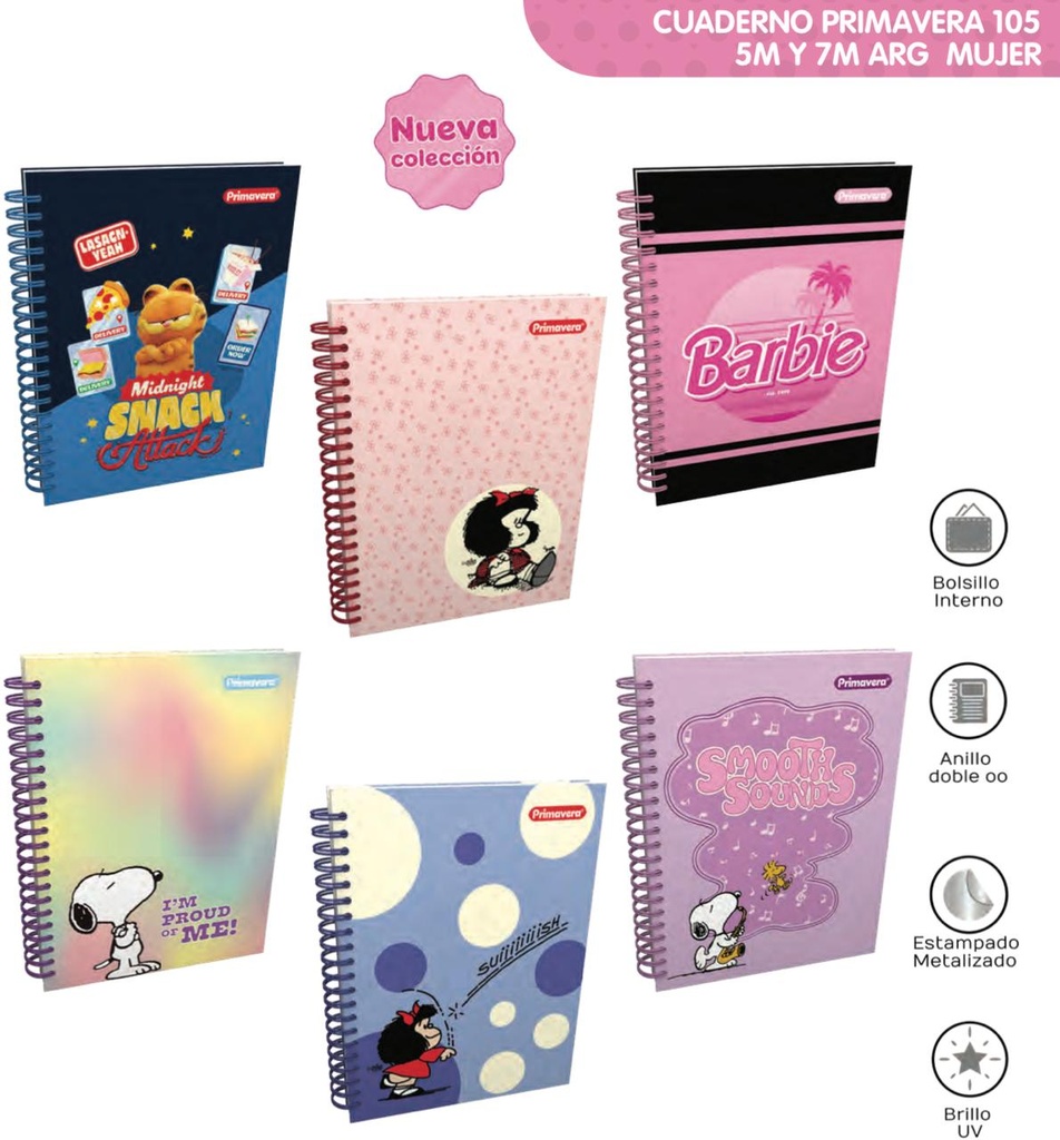 Cuaderno prim. argollado 5 materias grande dama