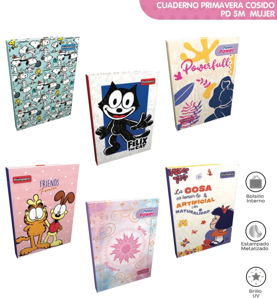 Cuaderno prim. cosido 5 materias dama