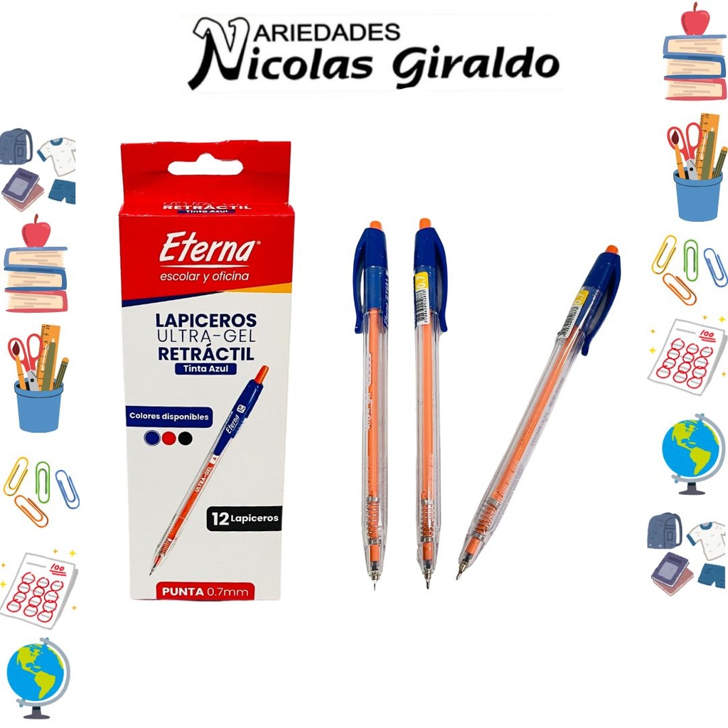 Lapicero eterna retractil 0.7 ultra gel azul x12
