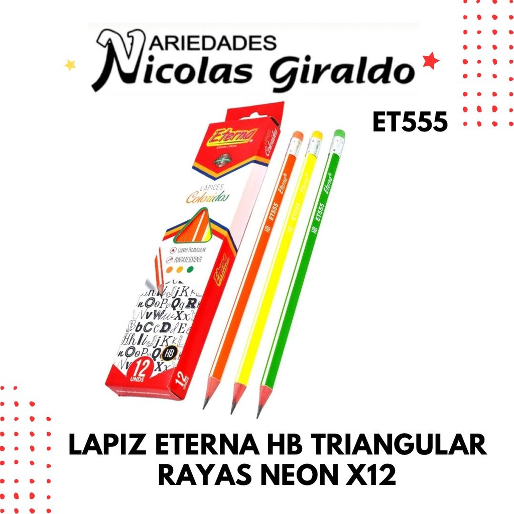 Lapiz eterna hb triangular rayas neon x12
