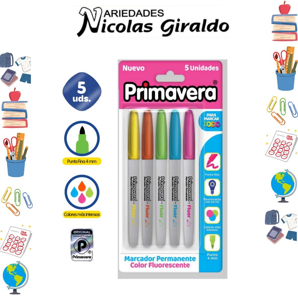 Marcador punta delgada neon x5 primavera