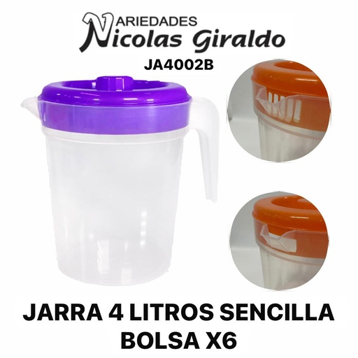 [JA4002B] Jarra 4 litros sencilla bolsa x6 