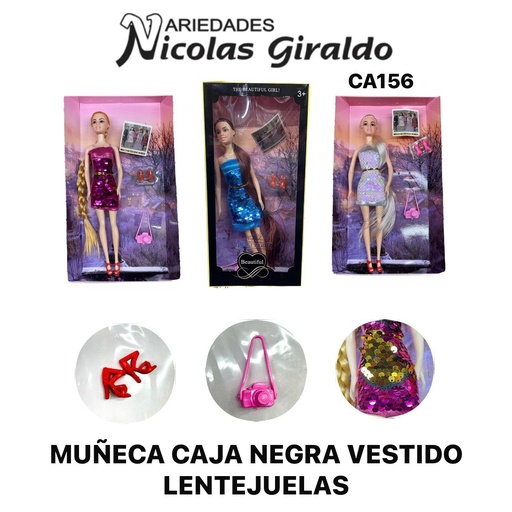 [CA156] Muñeca caja negra fina vestido lentejuelas