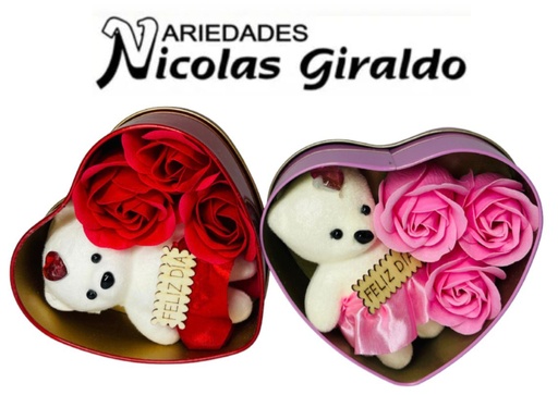 [2D-5627] Cofre corazon pequeño con peluche rosas 