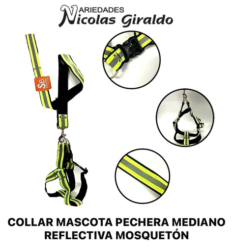 [MT-F182] Collar mascota pechera mediano reflectiva mosqueton