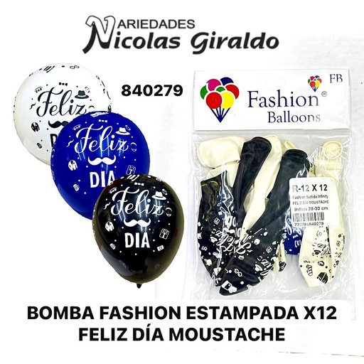 [840279] Bomba fashion estampada x12 feliz dia moustache