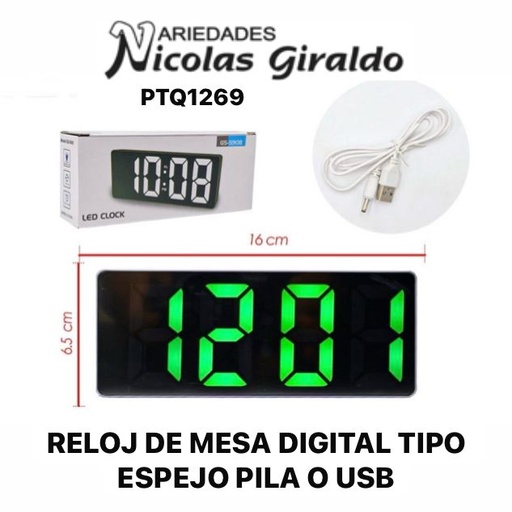 [PTQ1269] Reloj de mesa digital tipo espejo pila o usb