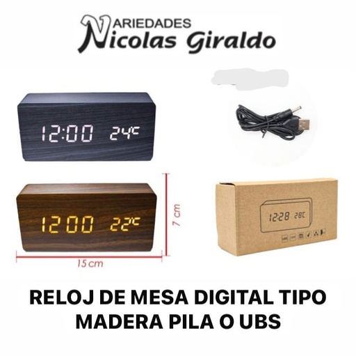 [PTQ1273] Reloj de mesa digital tipo madera pila o usb 