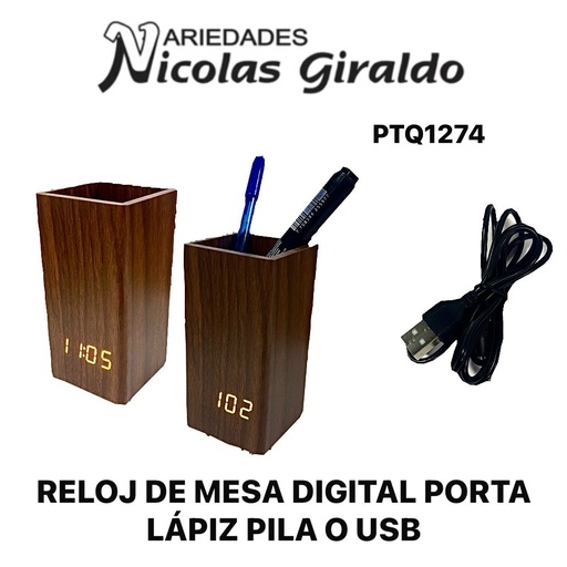 [PTQ1274] Reloj de mesa digital porta lapiz pila o usb  