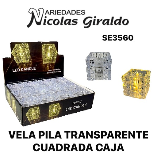 [SE3560] Vela pila transparente cuadrada caja x12