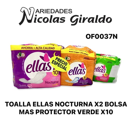 [OF0037N] Toalla ellas nocturna x2 bolsa mas protector verde x10 produsa 