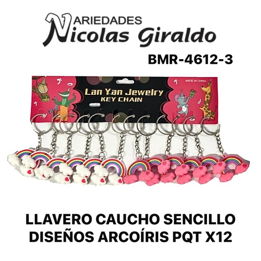 [BMR-4612-3] Llavero caucho sencillo diseños arcoiris  pqt X12 